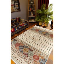 Salon Halısı Kilim Desenli Otantik Eskitme Bej Kaydırmaz Kesme Yıkanabilir Ince Halı Tüysüz Kilim