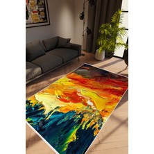 Salon Halısı Pastel Modern Tablo Desenli Kırmızı Kaydırmaz Kesme Yıkanabilir Ince Halı Tüysüz Kilim