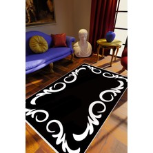 Salon Halısı Eskitme Klasik Siyah Beyaz Kaydırmaz Kesme Yıkanabilir Ince Halı Tüysüz Kilim