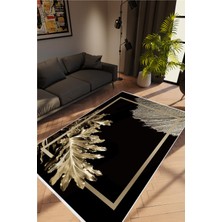 Salon Halısı Çiçekli Altın Gold Siyah Vizon Kaydırmaz Yıkanabilir Ince Halı Tüysüz Kilim