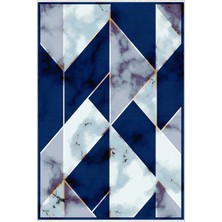 Salon Halısı Modern Geometrik Mermer Lacivert Gri Mavi Kaydırmaz Yıkanabilir Ince Halı Tüysüz Kilim