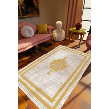 Salon Halısı Klasik Eskitme Turuncu Gri Gold Kaydırmaz Kesme Yıkanabilir Ince Halı Tüysüz Kilim