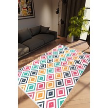 Salon Halısı Modern Geometrik Siyah Mavi Sarı Turkuaz Pembe Kaydırmaz Yıkanabilir Ince Halı Tüysüz