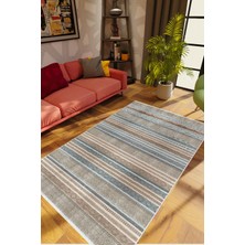 10 Post Online Salon Halısı Eskitme Çizgili Kahverengi Gri Kaydırmaz Kesme Yıkanabilir Ince Halı Tüysüz Kilim