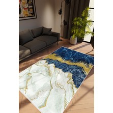 Salon Halısı Gold Taş Mermer Lacivert Mavi Beyaz Altın Kaydırmaz Yıkanabilir Ince Halı Tüysüz Kilim