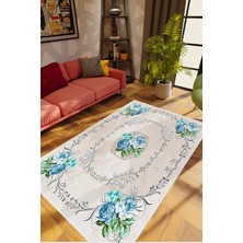 Salon Halısı Figürlü Çiçekli Bej Gri Mavi Kaydırmaz Kesme Yıkanabilir Ince Halı Tüysüz Kilim