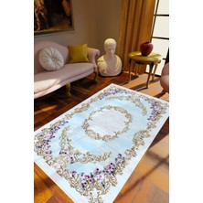 10 Post Online Salon Halısı Çiçekli Mavi Turkuaz Mor Metalik Kaydırmaz Yıkanabilir Ince Halı Tüysüz Kilim