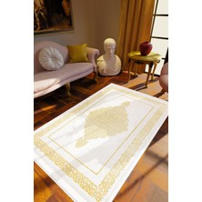 Salon Halısı Klasik Gold Tema Altın Krem Sarı Kaydırmaz Kesme Yıkanabilir Ince Halı Tüysüz Kilim