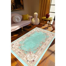 Figürlü Çiçekli Turkuaz Ekru Kaydırmaz Kesme Yıkanabilir Ince Halı