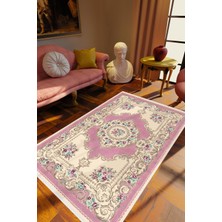 Salon Halısı Figürlü Çiçekli Pembe Ekru Kaydırmaz Kesme Yıkanabilir Ince Halı Tüysüz Kilim