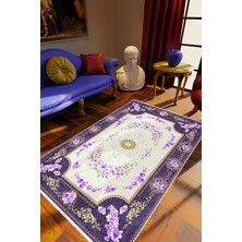 Salon Halısı Figürlü Çiçekli Mor Beyaz Kaydırmaz Kesme Yıkanabilir Ince Halı Tüysüz Kilim