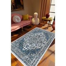 Salon Halısı Klasik Eskitme Lacivert Mavi Gri Krem Kaydırmaz Yıkanabilir Ince Halı Tüysüz Kilim