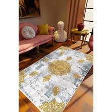 Salon Halısı Klasik Altın Gri Metalik Kaydırmaz Kesme Yıkanabilir Ince Halı Tüysüz Kilim