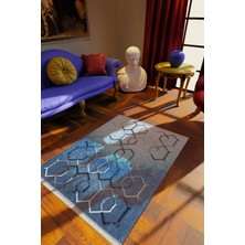 Klasik Mavi Dijital Baskı Halı Kaydırmaz Ince Yıkanabilir