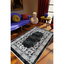Salon Halısı Klasik Siyah Krem Kaydırmaz Kesme Yıkanabilir Ince Halı Tüysüz Kilim