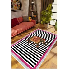 Salon Halısı Çizgili Fil Pembe Siyah Beyaz Fuşya Kaydırmaz Yıkanabilir Ince Halı Tüysüz Kilim