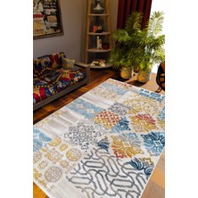 Salon Halısı Otantik Patchwork Turuncu Gri Kahverengi Mavi Kaydırmaz Yıkanabilir Ince Halı Tüysüz