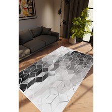 Salon Halısı Eskitme Geometrik Gri Siyah Kaydırmaz Kesme Yıkanabilir Ince Halı Tüysüz Kilim