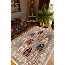 Salon Halısı Kilim Desenli Otantik Eskitme Bej Kaydırmaz Kesme Yıkanabilir Ince Halı Tüysüz Kilim