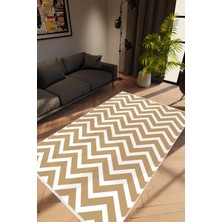 Salon Halısı Modern Zig Zag Kahverengi Krem Beyaz Kaydırmaz Kesme Yıkanabilir Ince Halı Tüysüz Kilim