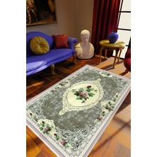 10 Post Online Salon Halısı Çiçekli Gül Kilim Motifi Yeşil Kaydırmaz Yıkanabilir Ince Halı Tüysüz Kilim