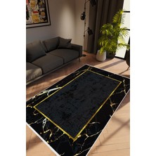 Modern Çizgili Gold Siyah Altın Kaydırmaz Kesme Yıkanabilir Ince Halı