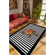Salon Halısı Modern Figürlü Fil Siyah Beyaz Kaydırmaz Kesme Yıkanabilir Ince Halı Tüysüz Kilim