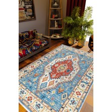 Salon Halısı Otantik Eskitme Mavi Ekru Kahverengi Kaydırmaz Kesme Yıkanabilir Ince Halı Tüysüz Kilim