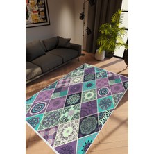 Salon Halısı Modern Patchwork Mor Beyaz Turkuaz Kaydırmaz Kesme Yıkanabilir Ince Halı Tüysüz Kilim