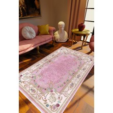 Salon Halısı Figürlü Çiçekli Pembe Mor Krem Kaydırmaz Kesme Yıkanabilir Ince Halı Tüysüz Kilim
