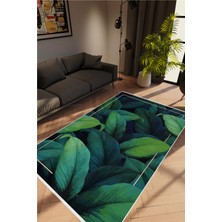 Salon Halısı Figürlü Çiçekli Yaprak Desen Yeşil Kaydırmaz Kesme Yıkanabilir Ince Halı Tüysüz Kilim