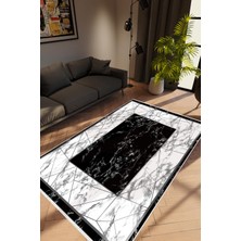 Salon Halısı Modern Çizgili Siyah Beyaz Kaydırmaz Kesme Yıkanabilir Ince Halı Tüysüz Kilim