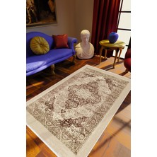 Salon Halısı Klasik Kahverengi Bej Kaydırmaz Kesme Yıkanabilir Ince Halı Tüysüz Kilim