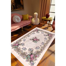 Salon Halısı Figürlü Çiçekli Gül Desenli Pembe Kaydırmaz Kesme Yıkanabilir Ince Halı Tüysüz Kilim