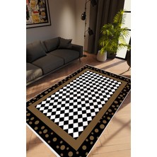 Salon Halısı Modern Geometrik Kahverengi Siyah Beyaz Kaydırmaz Yıkanabilir Ince Halı Tüysüz Kilim