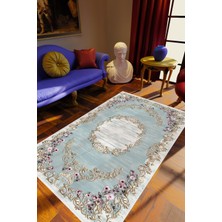 Salon Halısı Çiçekli Gold Barok Desen Mavi Kaydırmaz Yıkanabilir Ince Halı Tüysüz Kilim