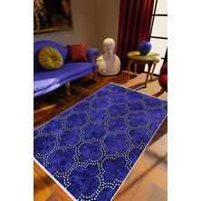 Salon Halısı Eskitme Klasik Fas Desen Lacivert Beyaz Kaydırmaz Yıkanabilir Ince Halı Tüysüz Kilim