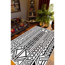 Salon Halısı Otantik Eskitme Beyaz Siyah Kaydırmaz Kesme Yıkanabilir Ince Halı Tüysüz Kilim