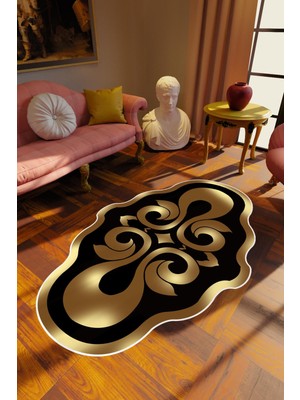 Klasik Modern Gold Altın Siyah Metalik Kaydırmaz Kesme Yıkanabilir Ince Halı