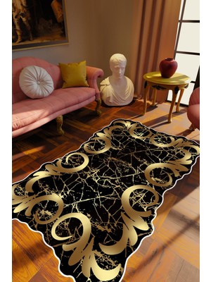 Klasik Modern Gold Altın Siyah Metalik Kaydırmaz Kesme Yıkanabilir Ince Halı