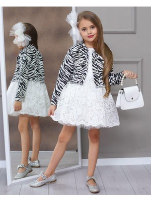 Uğur Böceği Çocuk Zebra Desen Ceketli Abiye 4'lü Takım Elbise Kot Ceket Çanta Toka