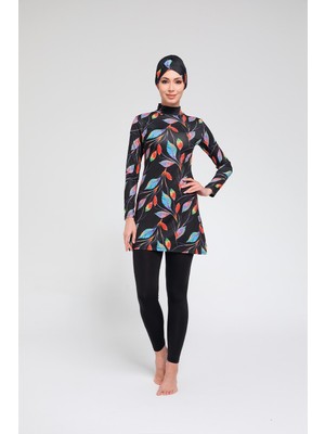 Chelly Kadın Likralı Renkli Yaprak Dijital Desenli Uzun Kollu Tam Kapalı Tesettür Mayo Siyah T2256