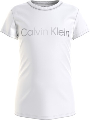 Calvin Klein Ig0Ig01350-Inst Silver Logo Slim T- Bisiklet Yaka Normal Kalıp Düz Beyaz Kız Çocuk T-S
