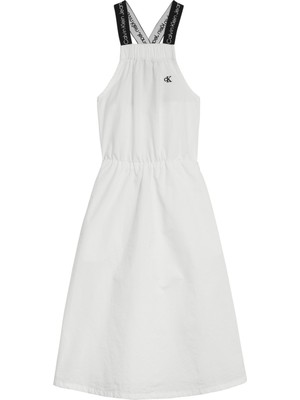 Calvin Klein IG0IG01409-LOGO Tape Strap Midi Dre Kare Yaka  Rahat Kalıp Düz Beyaz Kız Çocuk Elbise