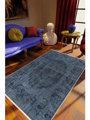 10 Post Online Salon Halısı Salon Halısı Eskitme Lacivert Gri Kaydırmaz Kesme Yıkanabilir Ince Halı Tüysüz Kilim