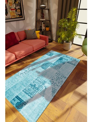 Modern Patchwork Turkuaz Dijital Baskı Halı Kaydırmaz Ince Yıkanabilir