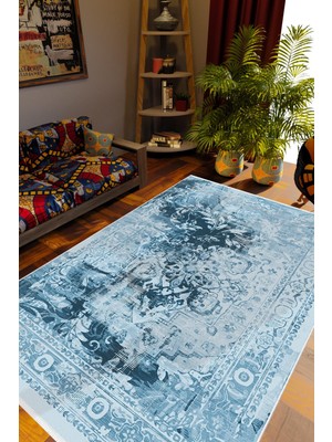 Salon Halısı Otantik Eskitme Çiçek Temalı Mavi Turkuaz Kaydırmaz Yıkanabilir Ince Halı Tüysüz Kilim