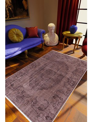 Salon Halısı Eskitme Kahverengi Eflatun Kaydırmaz Kesme Yıkanabilir Ince Halı Tüysüz Kilim