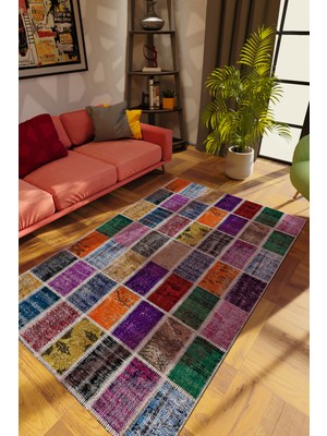 Modern Patchwork Karışık Renkli Dijital Baskı Halı Kaydırmaz Ince Yıkanabilir