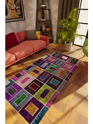 Modern Patchwork Karışık Renkli Dijital Baskı Halı Kaydırmaz Ince Yıkanabilir